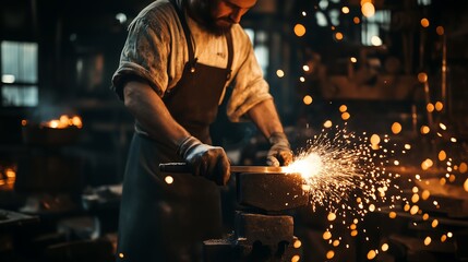 A focused male blacksmith crafting a blade in a dimly lit workshop, surrounded by glowing sparks and tools.