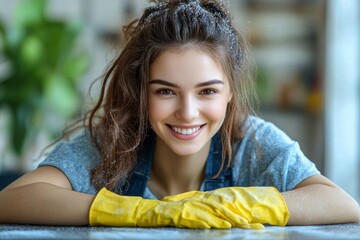 Happy female housekeeper service worker cleaning a table surface with a cleaner product, removing dust and dirt, Generative AI