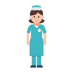 Friendly nurse in teal uniform with white cross emblem medical healthcare