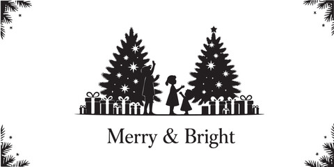 Silhouette of family decorating christmas trees with gifts and festive corner accents design