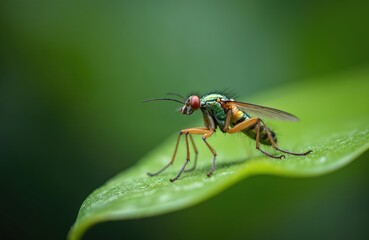 Macro photo features long-legged fly with iridescent green body, orange legs, large red eyes resting on vibrant green leaf in Thailand. Selective focus highlights intricate insect details against