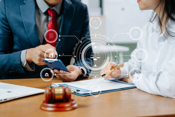 Modern legal tech consultation concept with smartphone interface, gavel and scales icons overlay, highlighting digital law, finance