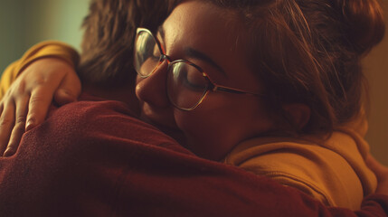 A woman wearing glasses is hugging a man