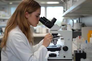 Researcher analyzing cells using a microscope in a medical laboratory, Generative AI