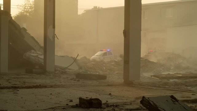 Golden hour illuminates a dilapidated building aftermath with police car arriving