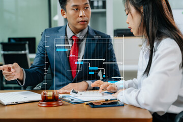Modern project management featuring Gantt chart overlay, laptop and smartphone, with gavel and...