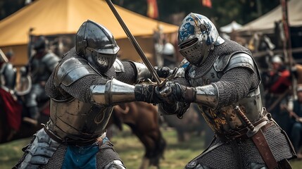 Two armored knights engage in a fierce sword fight at a medieval reenactment event.
