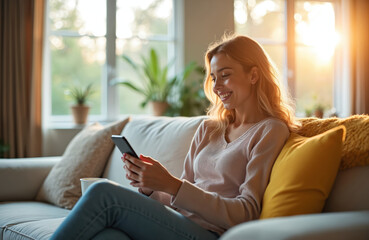 Obraz premium Young woman smiles while using mobile phone on couch at home. Casual attire girl happy chat, message, share via smartphone. Female relax indoor, enjoy connection, lifestyle.