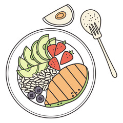 Healthy Salmon Avocado Bowl With Berries And Grains blueberries strawberries