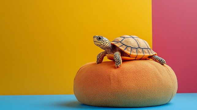 A charming turtle sits atop an orange surface against colorful backgrounds.