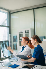 Obraz premium Medical team in hospital using digital tablet for diagnosis, teamwork, and patient care doctor and nurse collaboration