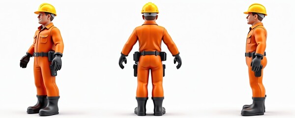 Three-dimensional model of construction worker in full orange safety gear, including helmet, suit, gloves, boots. Character presented from front, back, side views, pro occupation attire, industrial