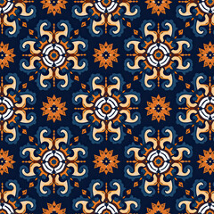 Vibrant seamless folk art pattern featuring orange and beige floral medallions on a dark navy blue background, perfect for bohemian-style textiles or wallpaper. 