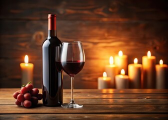 A bottle of rich red wine sits elegantly on a wooden table with a subtle glow from nearby candles
