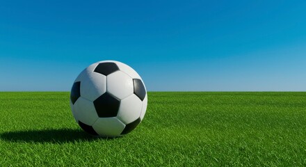 Obraz premium Soccer ball on green grass against blue sky