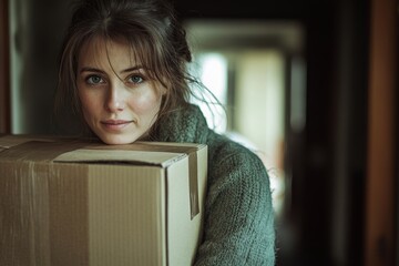 Relocation to a new house: A woman carrying a box of belongings and moving into a new apartment, Generative AI