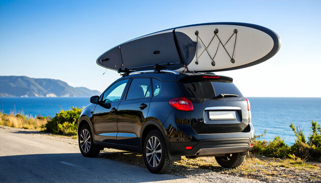 SUP board on car with coastal road trip. - Powered by Adobe