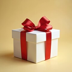 Obraz premium Elegant white gift box featuring glossy red ribbon tied in neat bow. Classic surprise present sits on soft yellow background, perfect for celebration special occasion, joy, anticipation.