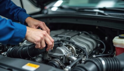 Obraz premium Mechanic hands repair car engine. Skilled hands work on automobile motor, fixing mechanical parts like belts, pulleys, hoses in garage. Focus on detailed automotive components for maintenance,
