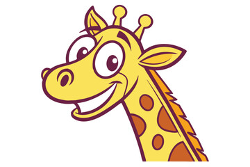 Smiling giraffe cartoon head with bright yellow skin shows big teeth on white background