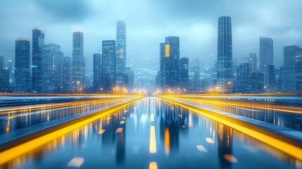 Fototapeta premium Abstract city skyline and glowing road tech-themed background
