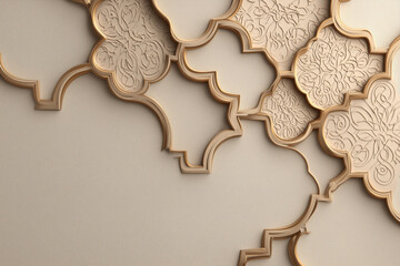 3D embossed Arabic geometric pattern wallpaper in soft beige and gold tones, creating an elegant and calming wall texture.