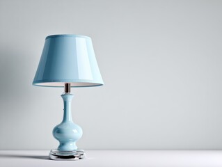 Light Blue Table Lamp on White Surface Against Light Blue Wall