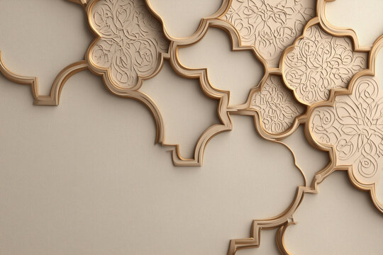 3D embossed Arabic geometric pattern wallpaper in soft beige and gold tones, creating an elegant and calming wall texture.