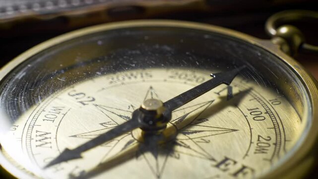 Closeup image of an antique compass with detailed markings and brass housing