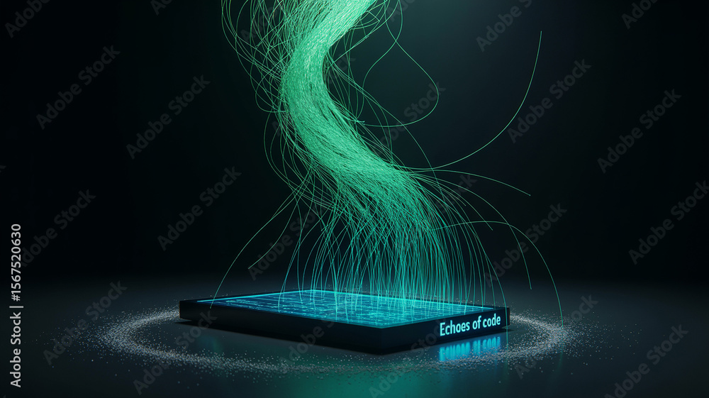 Poster digital code's revelation: a futuristic smartphone emanates a cascade of vibrant green digital code,