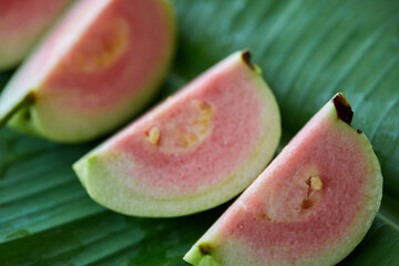 Fresh ripe guava fruit on leaf