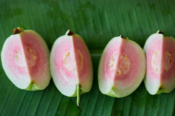 Fresh ripe guava fruit on leaf