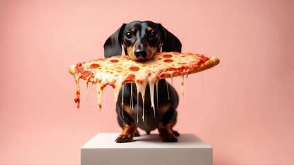 A cheeky dachshund grips a slice of pizza in its mouth. A funny and relatable image perfect for food ads, pet humor, or viral lifestyle content.
