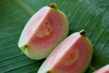 Fresh ripe guava fruit on leaf