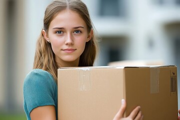 Relocation to a new house: A woman carrying a box of belongings and moving into a new apartment, Generative AI
