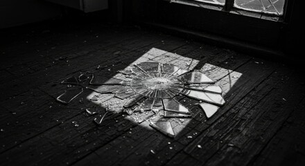 Fototapeta premium Broken mirror shards on a dark wooden floor