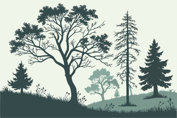 Obraz premium Stylized illustration of a natural landscape with a variety of trees, including deciduous and evergreen, showcasing different seasons and foliage, suitable for environmental themes.