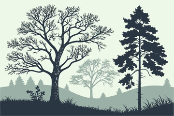 Stylized illustration of a natural landscape with a variety of trees, including deciduous and evergreen, showcasing different seasons and foliage, suitable for environmental themes.