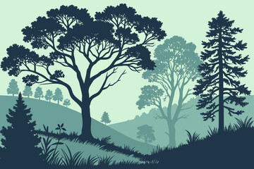 Obraz premium Stylized illustration of a natural landscape with a variety of trees, including deciduous and evergreen, showcasing different seasons and foliage, suitable for environmental themes.