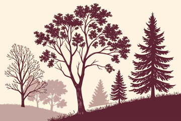 Stylized illustration of a natural landscape with a variety of trees, including deciduous and evergreen, showcasing different seasons and foliage, suitable for environmental themes.