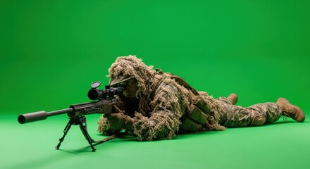 Special forces sniper in ghillie suit aiming rifle on green screen chroma key background. Military soldier concept for weapon training.