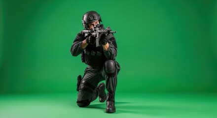Naklejka premium Man, a special forces soldier, aims with a rifle while kneeling against green background. Chroma key screen for military concept.