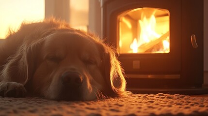 Golden Retriever Napping by Cozy Fireplace, Warm Sunset Hues