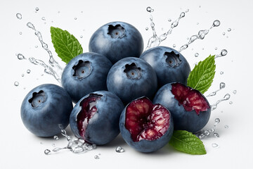 Fresh Blueberries with Mint Leaves and Water Splashes