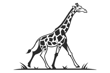Monochrome giraffe with patterned skin elegantly strides across a grassy plain in format