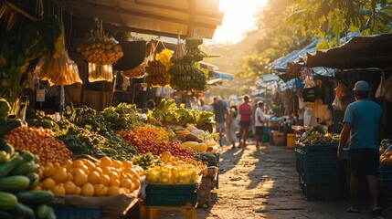 Vibrant Sunset Market Scene: Fresh Produce and Daily Life