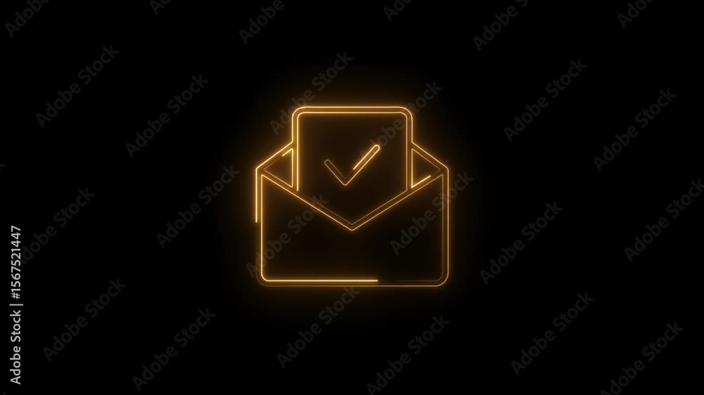 Poster neon email with checkmark animation on black background for digital communication concepts