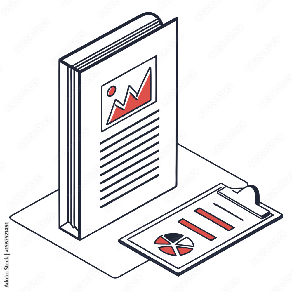 Poster open book with chart and clipboard with pie chart graph data