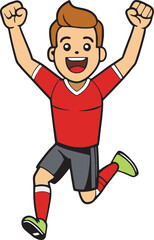Obraz premium Vector cartoon of a young soccer player in red jersey celebrating a goal with both arms raised. Perfect for children’s sports materials.