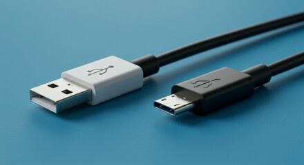 Close-up shot showcasing a white and a black USB cable connectors on a blue background